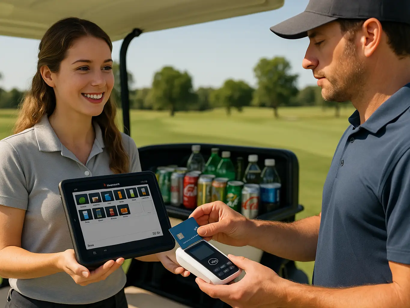 Golfer paying with mobile POS system on golf course