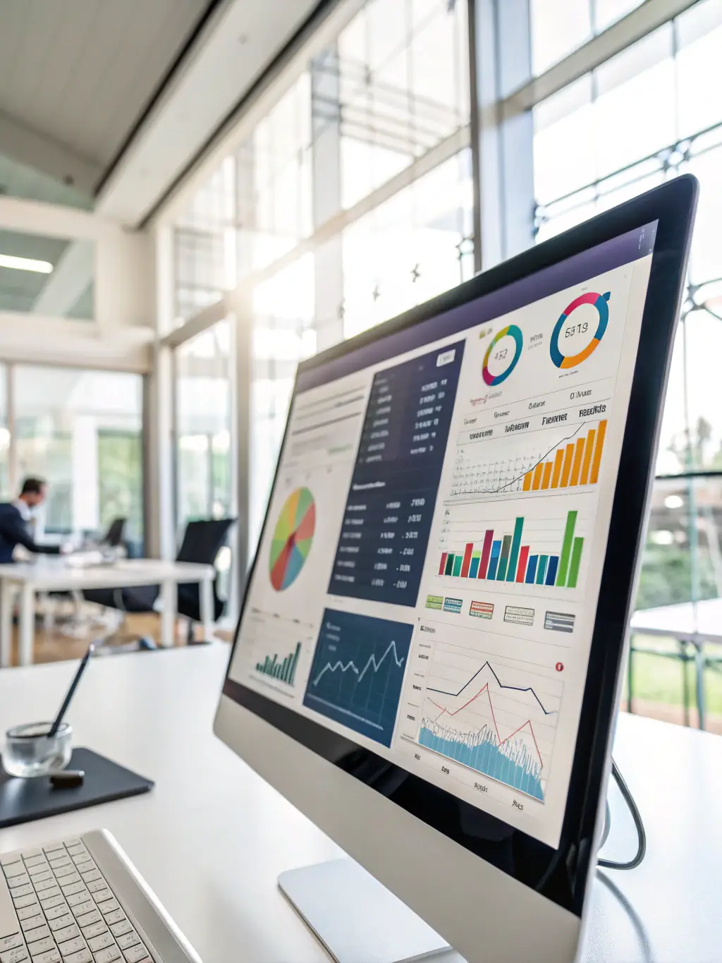 POS analytics dashboard on desktop screen with charts for golf course sales and customer trends.