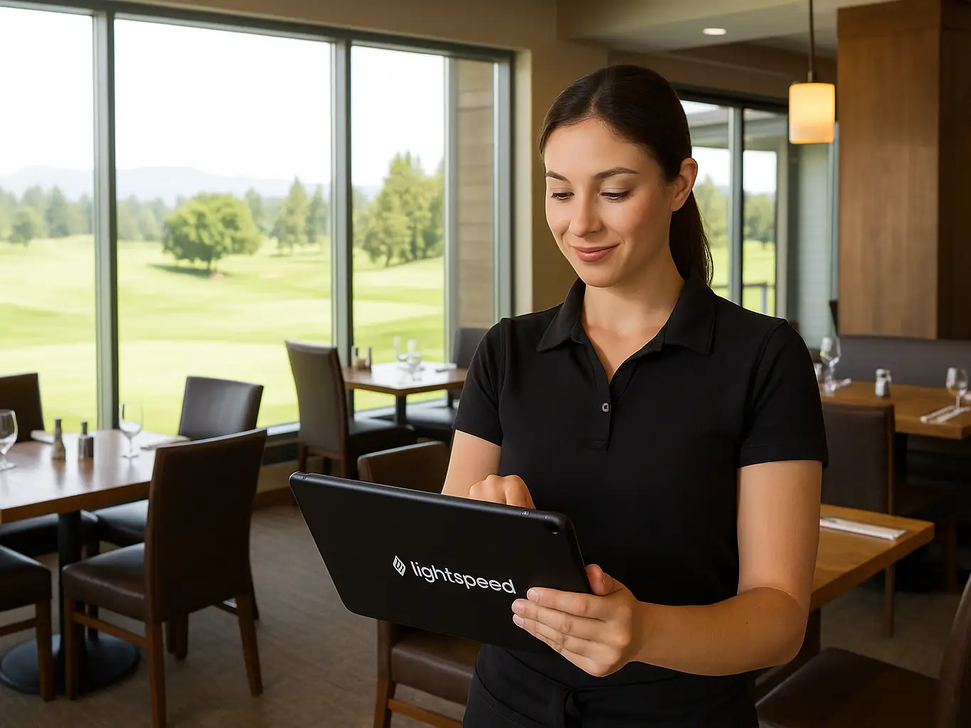  Server using a restaurant pos in a golf clubhouse restaurant with a view of the course