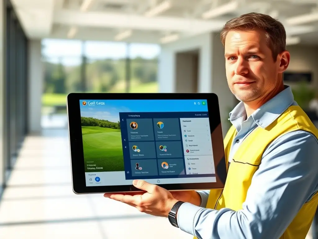 An image showcasing a golf course manager efficiently using the Golf POS System on a tablet, with a clear and user-friendly interface displayed, in a bright and professional setting.