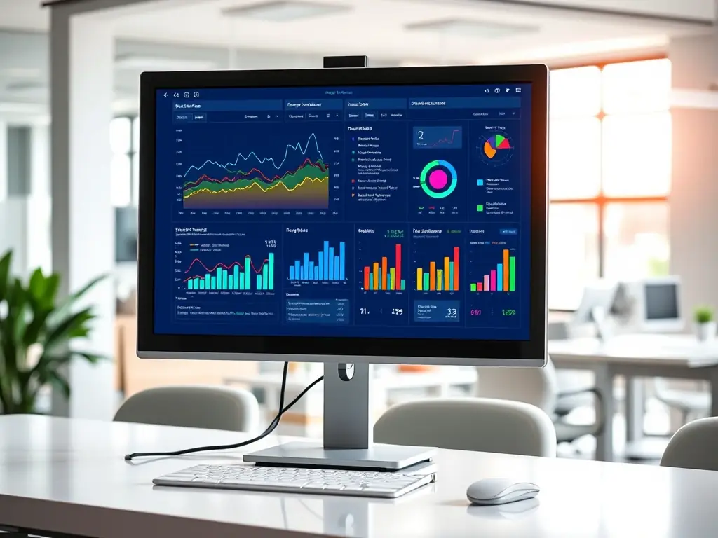 An image depicting advanced analytics dashboards of the Golf POS System, showing revenue growth, customer insights, and operational efficiency metrics, in a modern office environment.