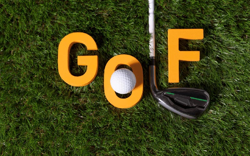 Golf letters with a ball and club on grass, representing API and partner integrations for golf management software.