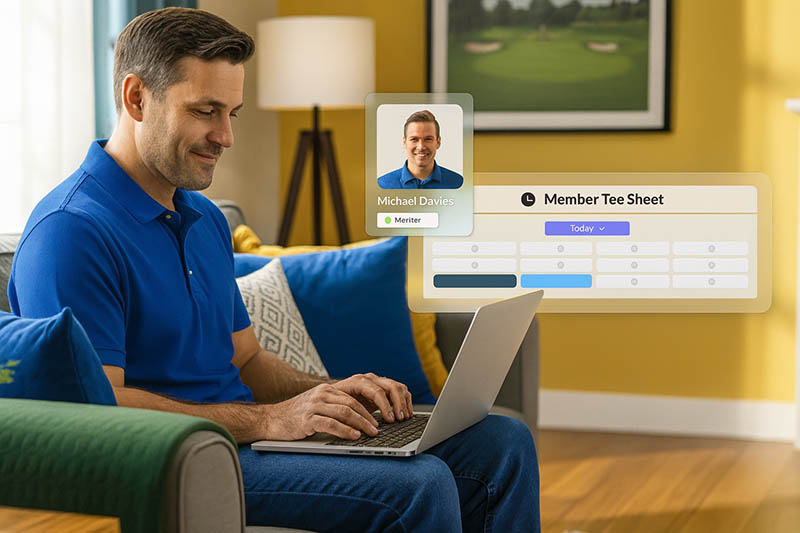 Golf course member using online tee sheet software to book tee times, invite friends, and make payments