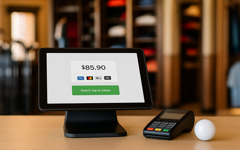 POS system at a golf course pro shop processing payments with golfers checking out