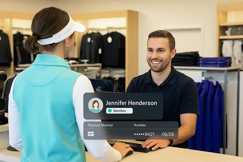 Golf shop staff processing golfer payment with integrated tee sheet and POS system showing member details