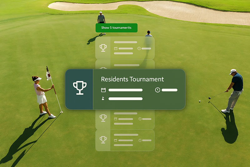 Golfers on the green with digital tee sheet software overlay showing a residents tournament